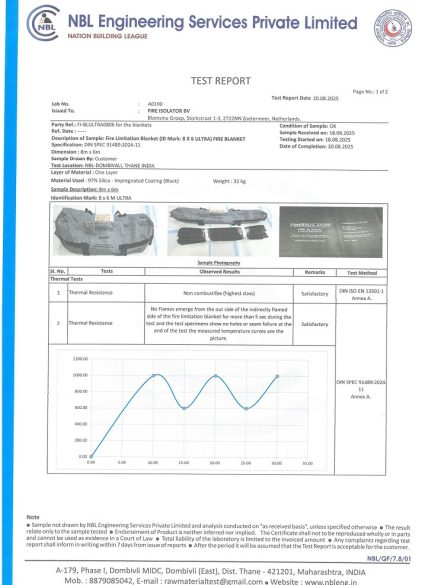 Fire blanket certified to ISO EN 13501-1 and NFPA 701