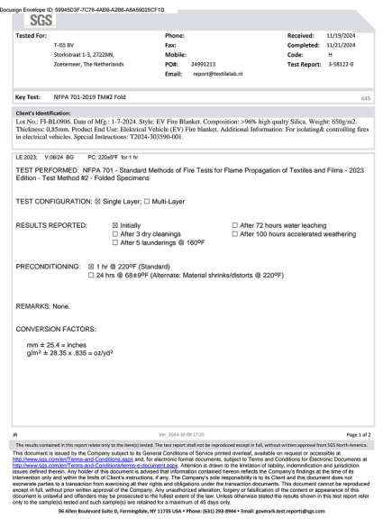 Fire blanket certified to ISO EN 13501-1 and NFPA 701