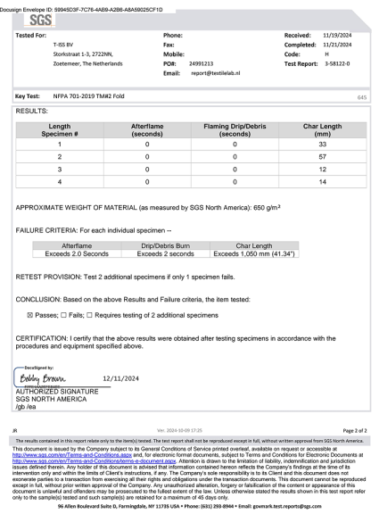Fire blanket certified to ISO EN 13501-1 and NFPA 701