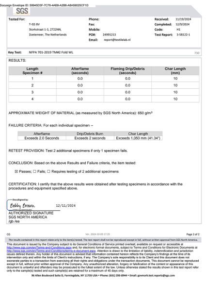 Fire blanket certified to ISO EN 13501-1 and NFPA 701
